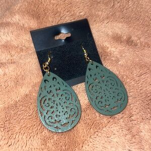 Dark Green Laser Cut Wood Teardrop Dangle Earrings